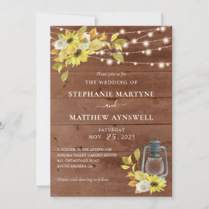 Invitation Tournesol Rustique Automne Lumières Mariage en boi