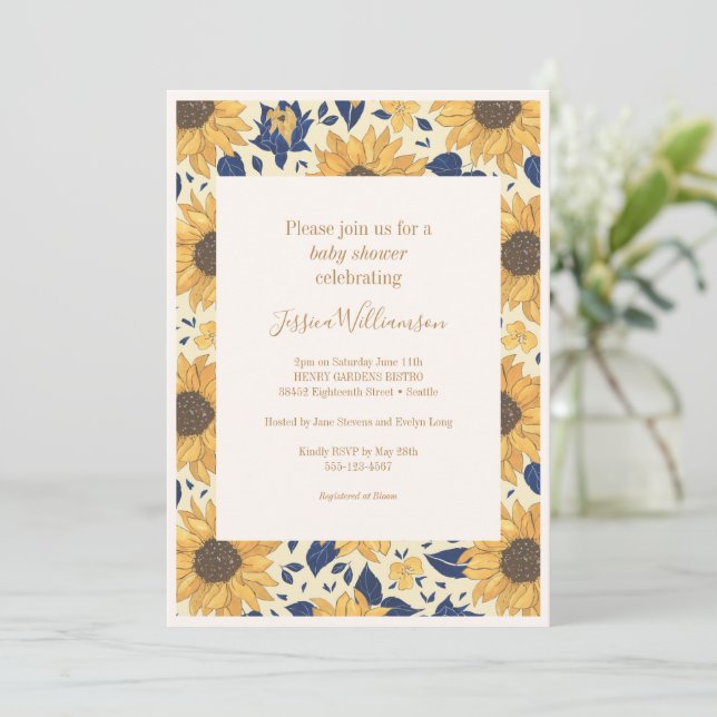 Invitation Tournesol rustique Baby shower bleu jaune fleuri (Debout devant)