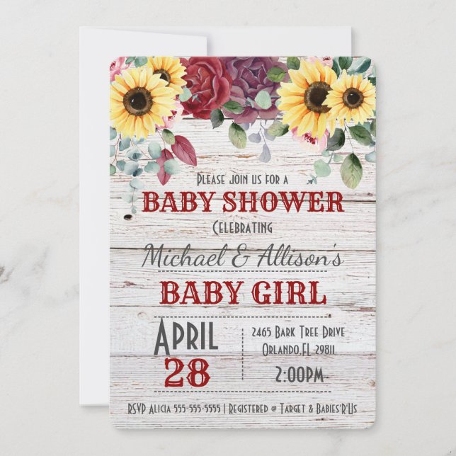 Invitation Tournesol rustique / Baby shower Floral Rose Invit (Devant)
