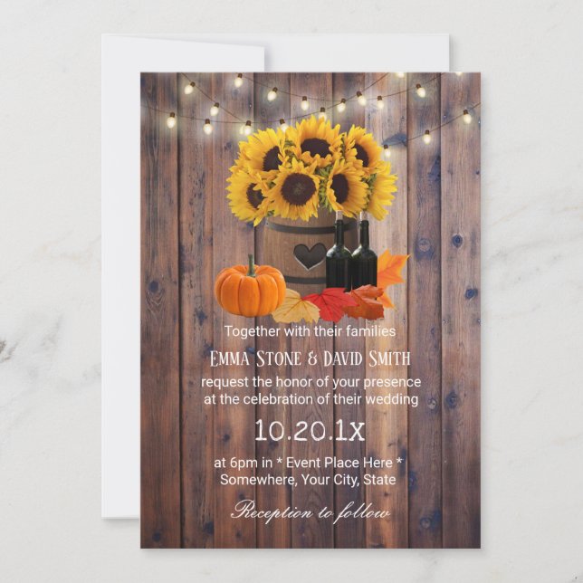 Invitation Tournesol rustique Baril d'automne Mariage (Devant)