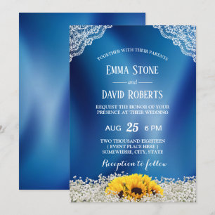 Invitation Tournesol rustique & Bébé's Breath Navy Mariage bl