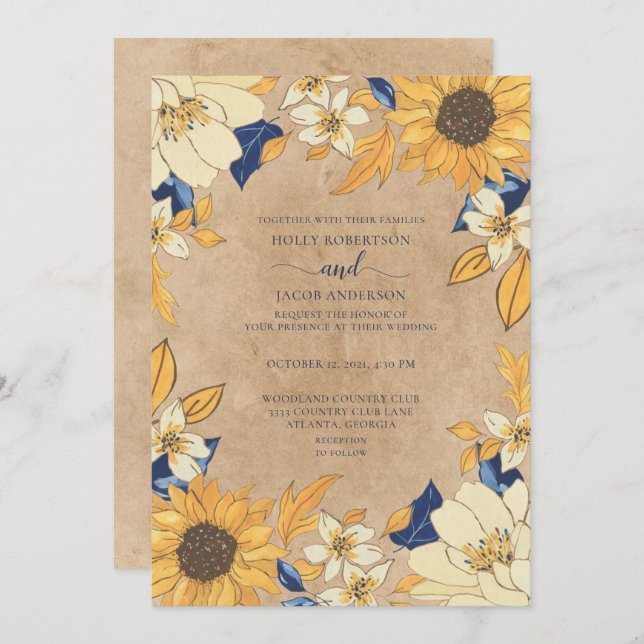 Invitation Tournesol Rustique bleu Jaune Mariage Floral (Devant / Derrière)