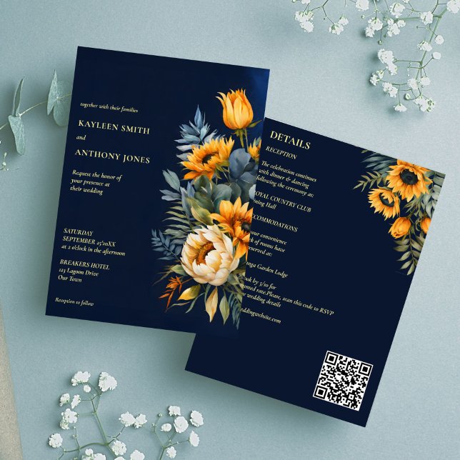 Invitation tournesol rustique bleu marine mariage de automne  (Fall wedding navy blue rustic sunflower all in one invitation editable template digital dowbload)