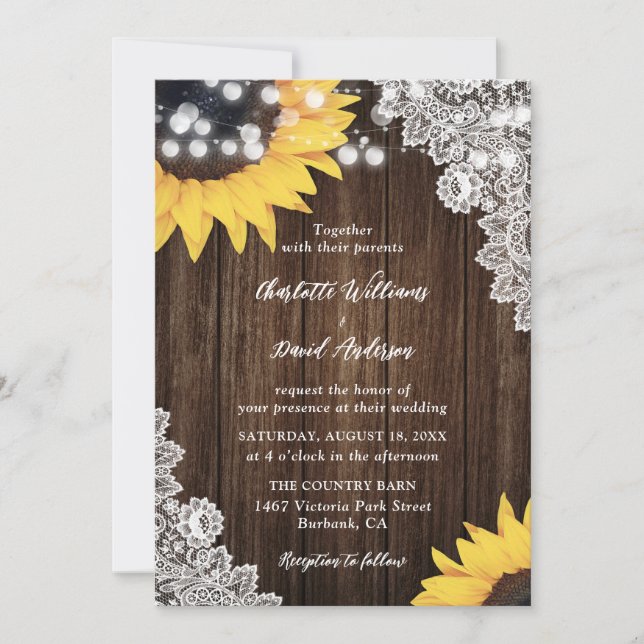 Invitation Tournesol Rustique Bois Floral Mariage dentelle (Devant)
