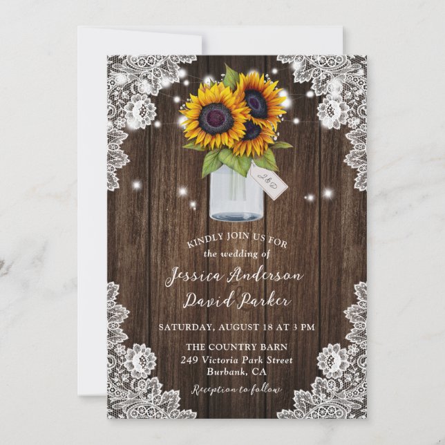 Invitation Tournesol Rustique bois Mason Jar Mariage (Devant)