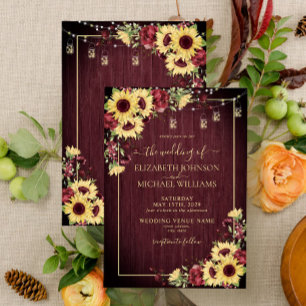 Invitation Tournesol rustique Bourgogne Bois Mariage Floral
