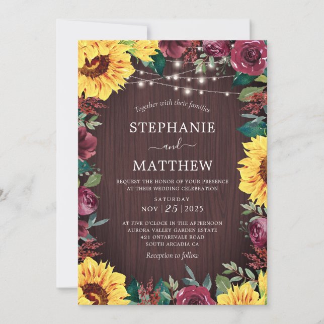 Invitation Tournesol Rustique Bourgogne Lumières Mariage en b (Devant)