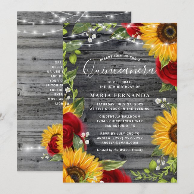 Invitation Tournesol Rustique Bourgogne Rose Bois Quinceanera (Devant / Derrière)