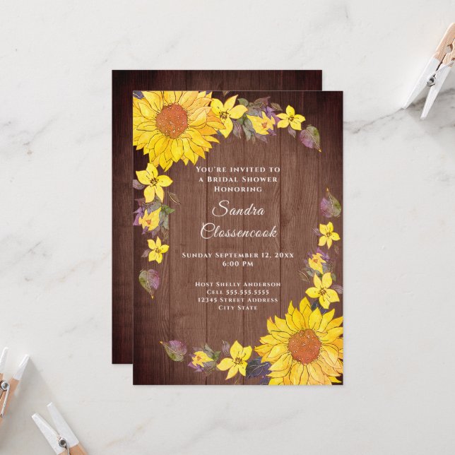 Invitation Tournesol rustique Brown Mariage Fête des mariées (Devant/Arrière en situation)