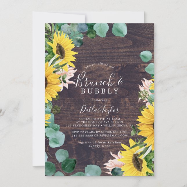 Invitation Tournesol rustique | Brunch en bois et douche à bu (Devant)
