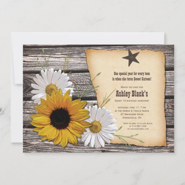 Invitation Tournesol rustique Daisy Sweet 16 Anniversaire (Devant)