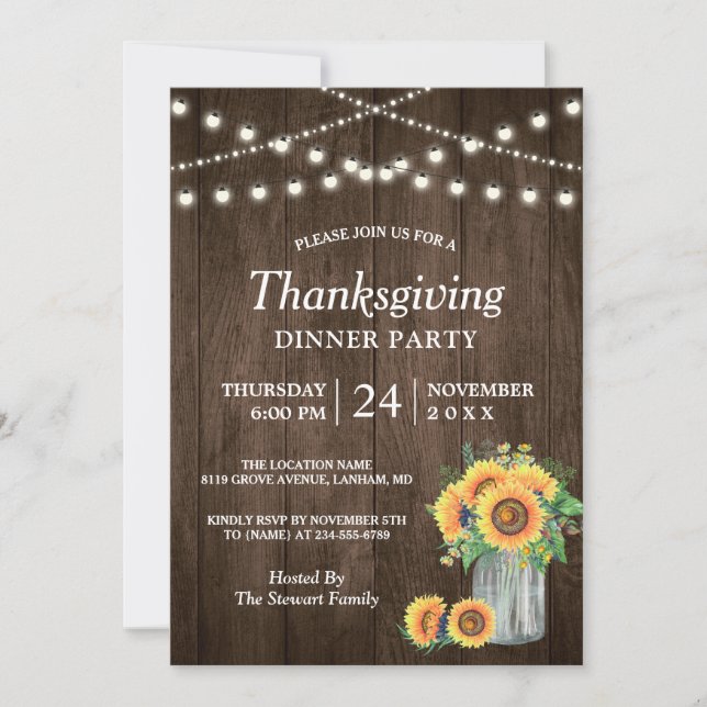 Invitation Tournesol Rustique Éclairage Thanksgiving Dîner (Devant)