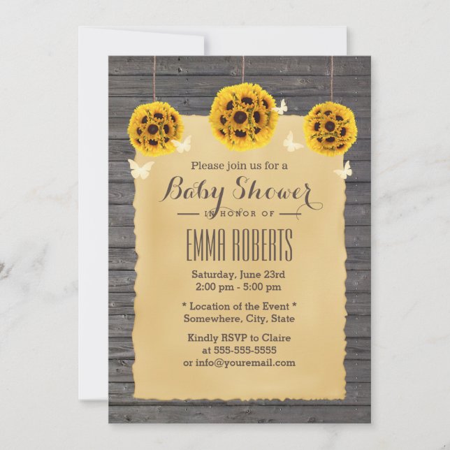 Invitation Tournesol rustique et Baby shower en bois de grang (Devant)