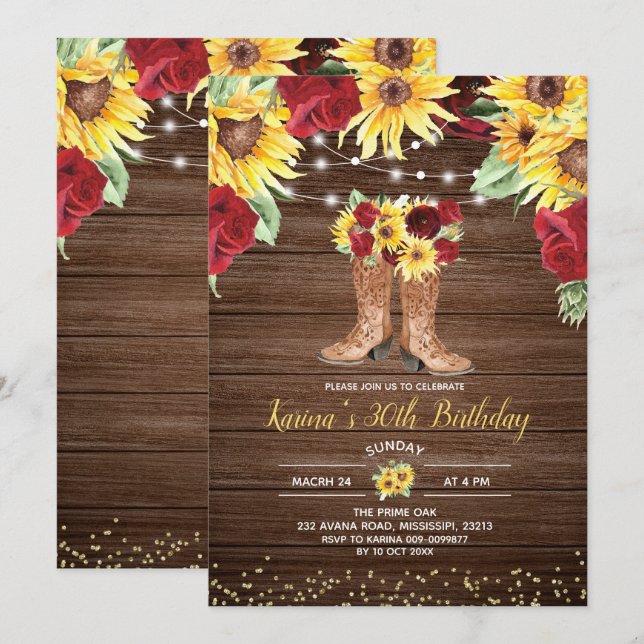 Invitation Tournesol rustique et bottes Roses Anniversaire (Devant / Derrière)