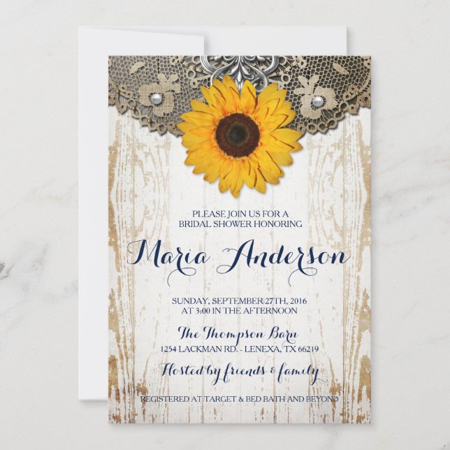 Invitation Tournesol rustique et Fête des mariées de dentelle (Devant)