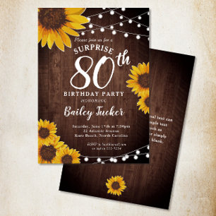 Invitation Tournesol rustique et lumières Surprise 80e annive