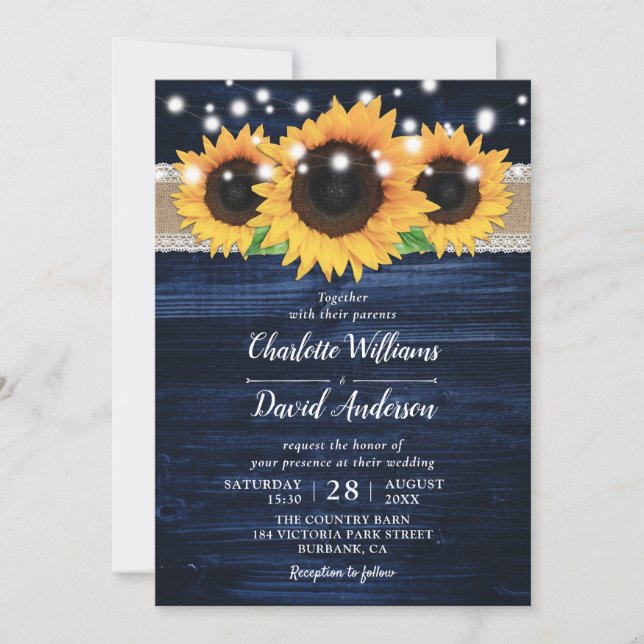 Invitation Tournesol rustique et mariage bleu marine Invitati (Devant)