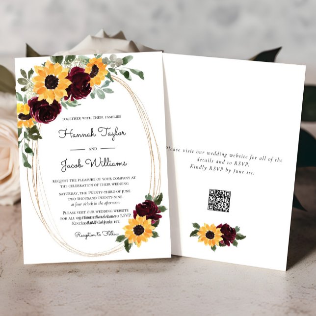 Invitation Tournesol rustique et Rose Mariage de code QR (Créateur téléchargé)