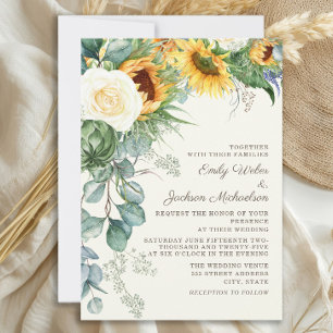 Invitation Tournesol rustique Eucalyptus White Roses Mariage