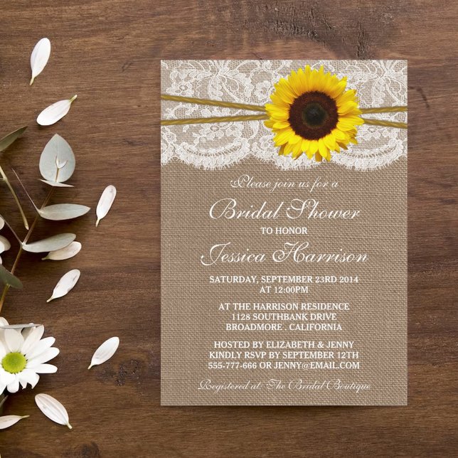 Invitation Tournesol rustique, Fête des mariées Burlap & dent (Créateur téléchargé)