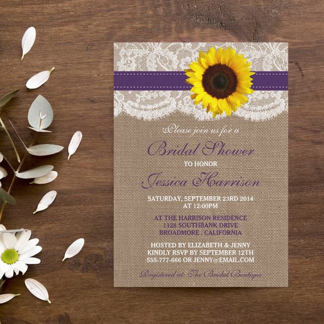 Invitation Tournesol rustique, Fête des mariées Burlap & dent (Créateur téléchargé)