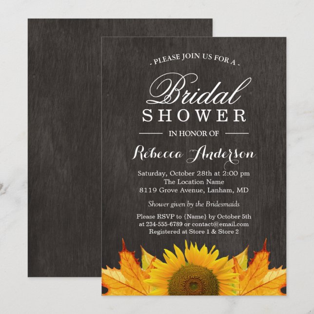 Invitation Tournesol rustique Feuille | FÊTE DES MARIÉES (Devant / Derrière)
