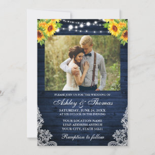 Invitation Tournesol Rustique Floral Bleu Lumières en bois Ph