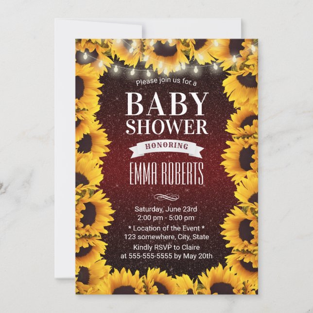Invitation Tournesol Rustique Floral Bourgogne Baby shower ro (Devant)