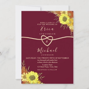 Invitation Tournesol Rustique Floral Bourgogne Mariage
