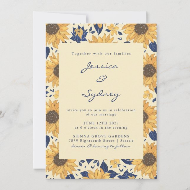 Invitation Tournesol Rustique Floral Jaune Mariage Script ble (Devant)