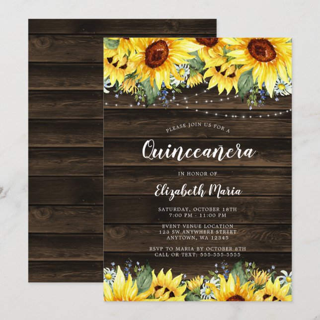 Invitation Tournesol Rustique Flore Lumières Quinceanera (Devant / Derrière)