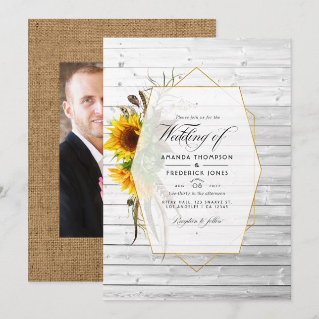 Invitation Tournesol Rustique Géométrique Mariage dans la gra (Devant / Derrière)