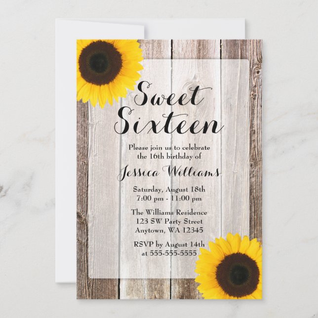 Invitation Tournesol Rustique Grange Bois doux 16 (Devant)