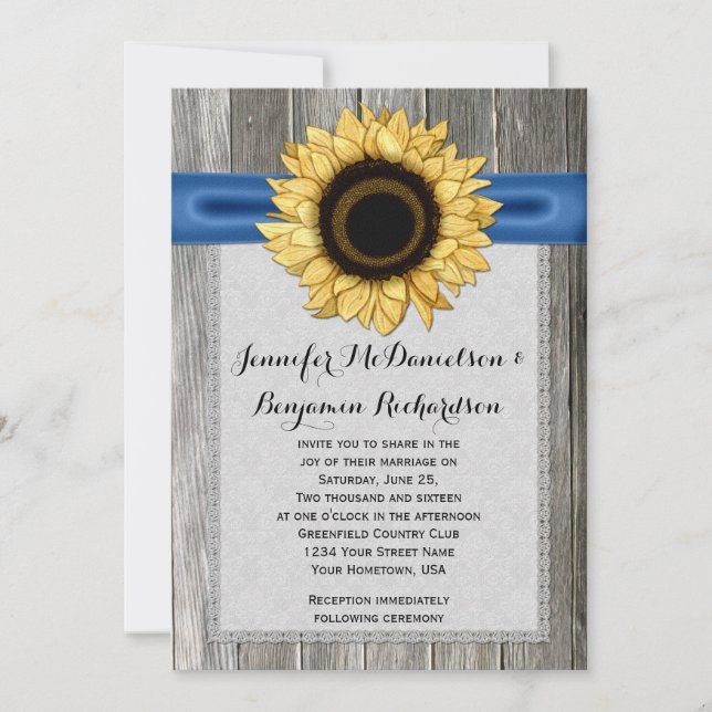 Invitation Tournesol rustique Grange en bois Bleu Ruban (Devant)
