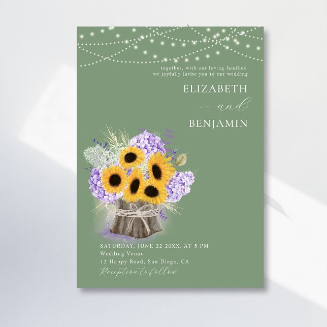 Invitation Tournesol rustique Hydrangée Élégant Mariage vert (Créateur téléchargé)