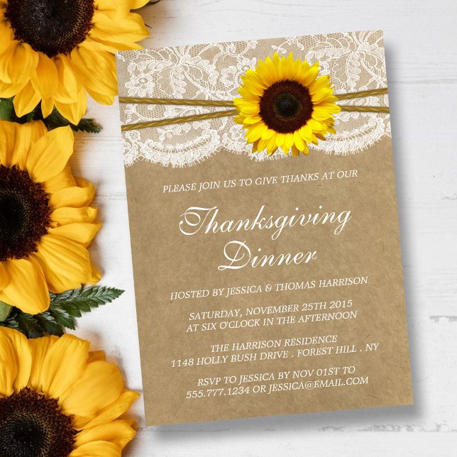 Invitation Tournesol Rustique Kraft & Dîner Thanksgiving de d (Créateur téléchargé)