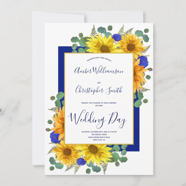 Invitation Tournesol Rustique Mariage campagnard Royal Bleu R (Devant)