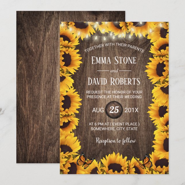 Invitation Tournesol rustique Mariage d'été (Devant / Derrière)