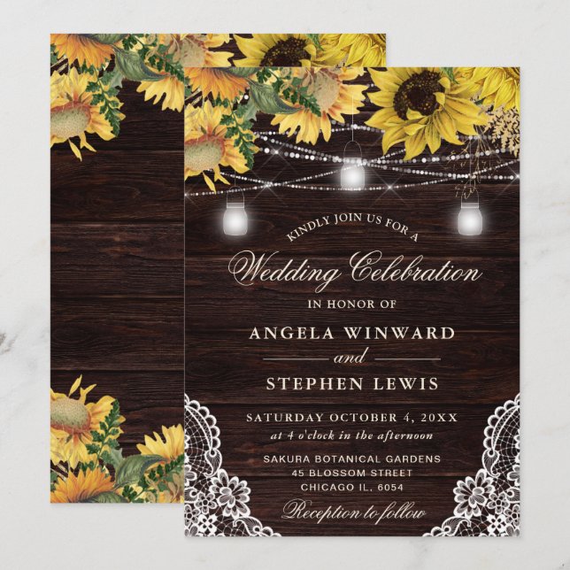 Invitation Tournesol rustique & Mason Jar Lumières Mariage (Devant / Derrière)