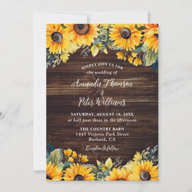 Invitation Tournesol Rustique Pays Bois Mariage Floral (Devant)