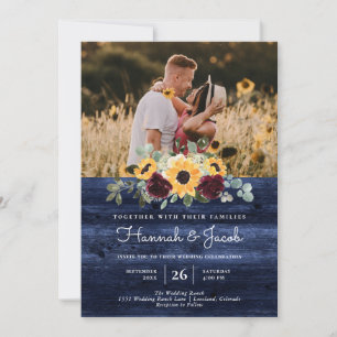 Invitation Tournesol rustique Photo Mariage en bois bleu mari