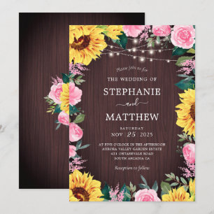 Invitation Tournesol rustique PInk Floral Lights Mariage
