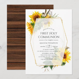 Invitation Tournesol Rustique Première communion géométrique