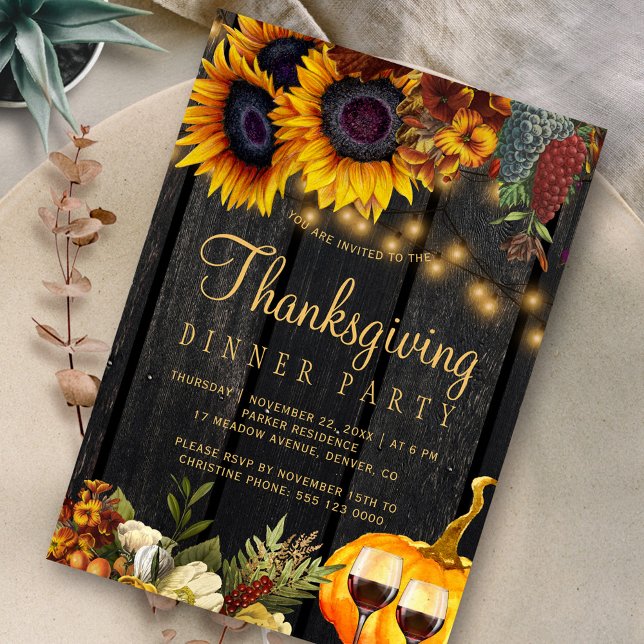 Invitation Tournesol rustique récolte bois Thanksgiving Dîner (Créateur téléchargé)