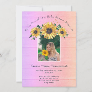 Invitation Tournesol Rustique rose Baby shower fille en bois 