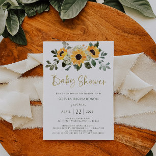 Invitation Tournesol rustique Script Baby shower et or