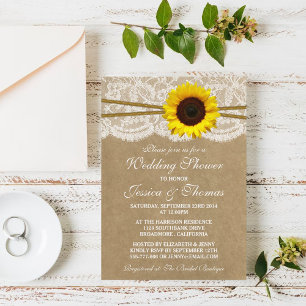 Invitation Tournesol rustique sur mariage kraft et dentelle