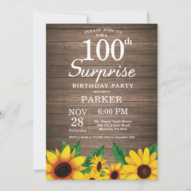 Invitation Tournesol rustique Surprise 100e anniversaire (Devant)