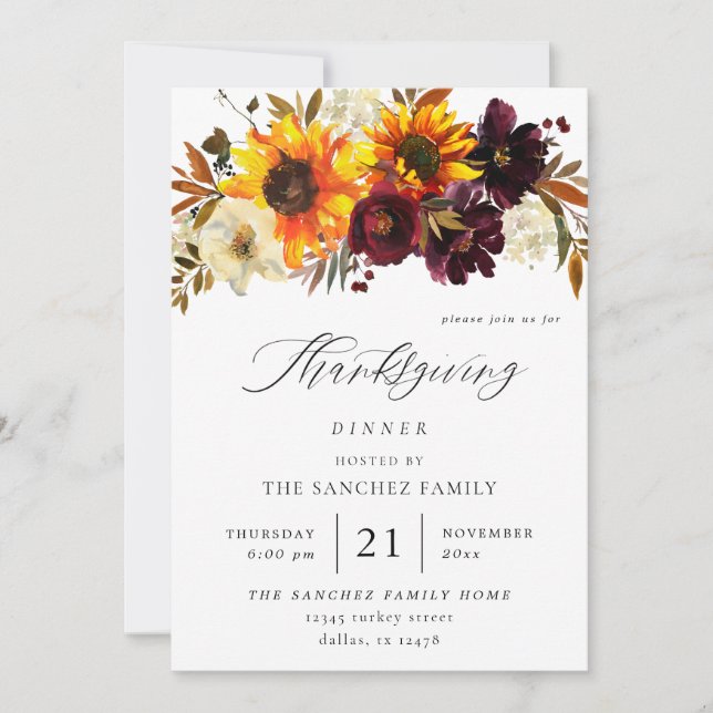 Invitation Tournesol rustique & Thanksgiving Floral Bourgogne (Devant)