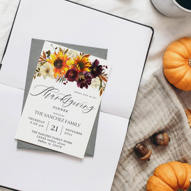 Invitation Tournesol rustique & Thanksgiving Floral Bourgogne (Créateur téléchargé)